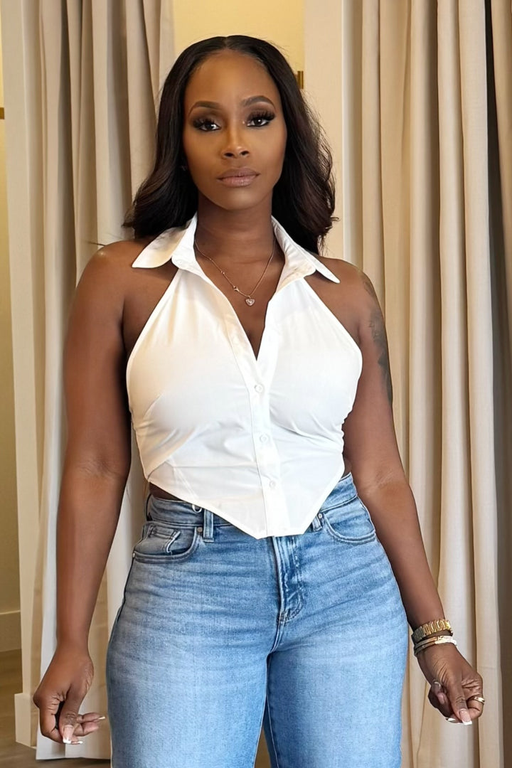 Button Up Collar Crop Top (White)
