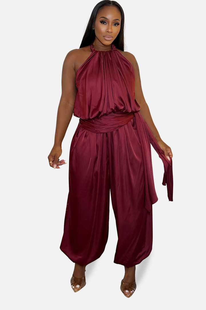 The Bordeaux Satin Halter Pants Set [Wine]