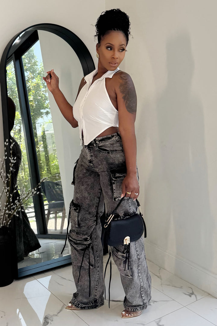 The Classic Cargo Wide Leg Denim (Acid Black wash)
