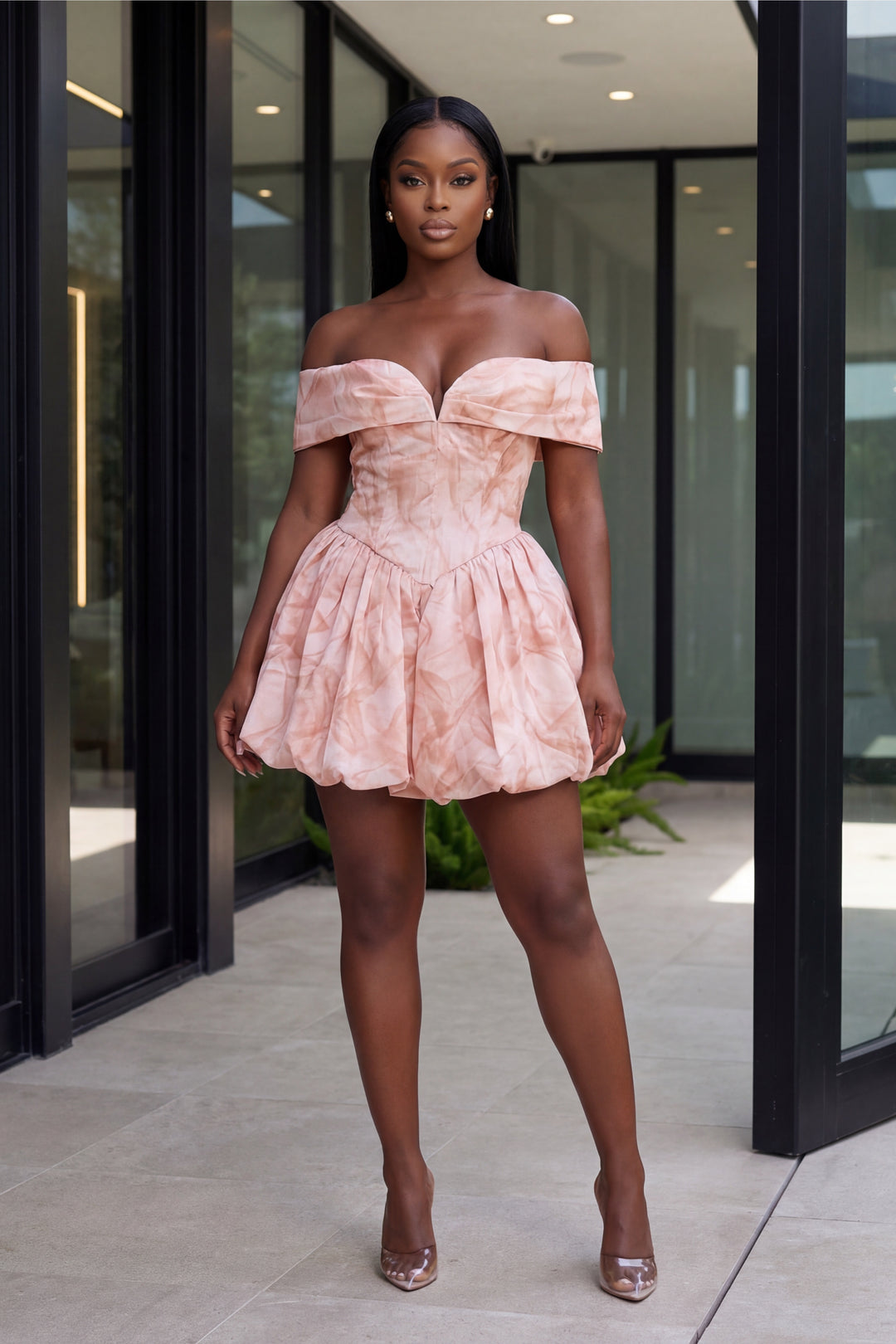 Blush Bloom Off-Shoulder Bubble Mini Dress [Blush]