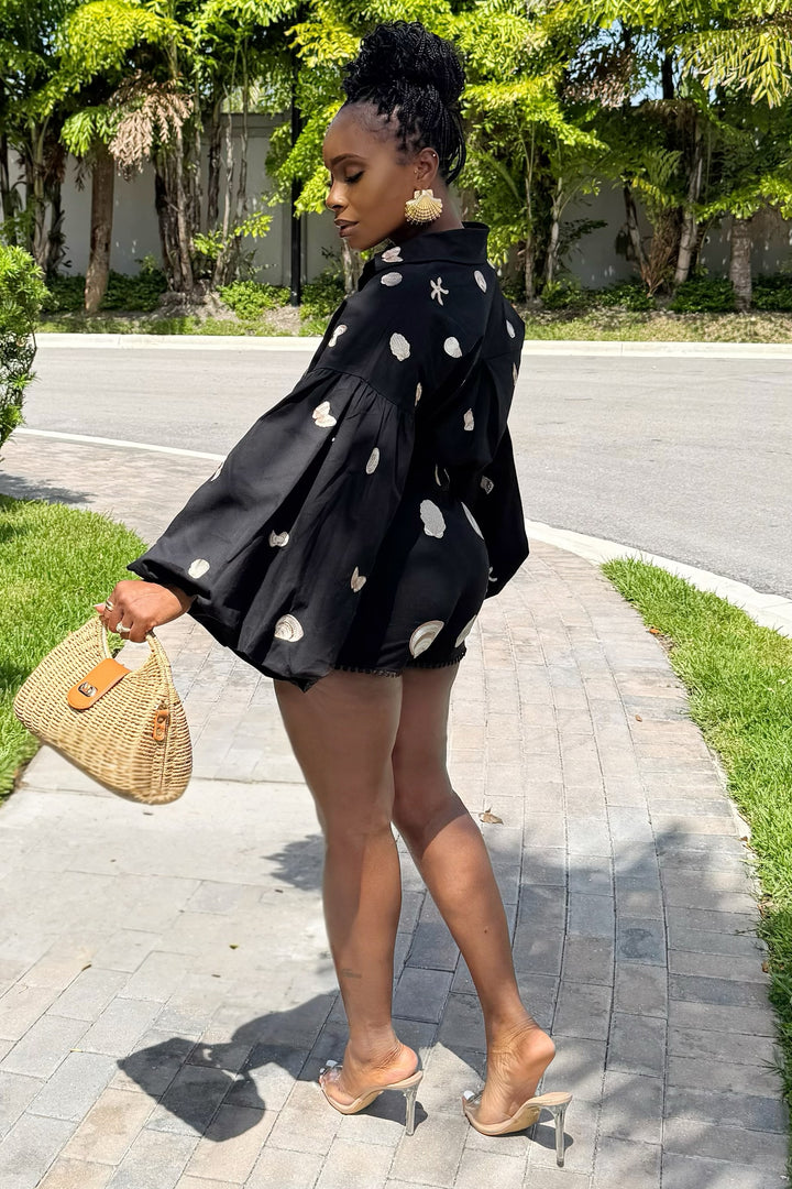 Meet At The pool side shell print short Set (Black)