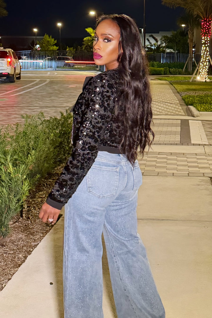 Sequin Tweed Bow Trim Crop Jacket