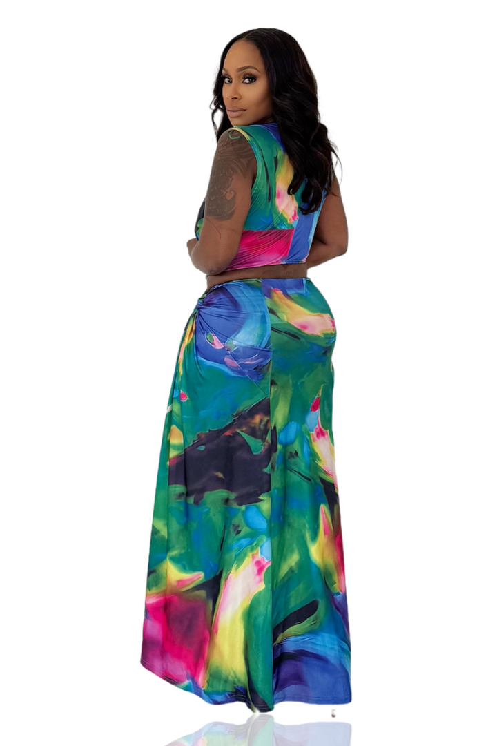 Vacation Me Slit Rope & Cut Out Maxi Dress (Green Multi)