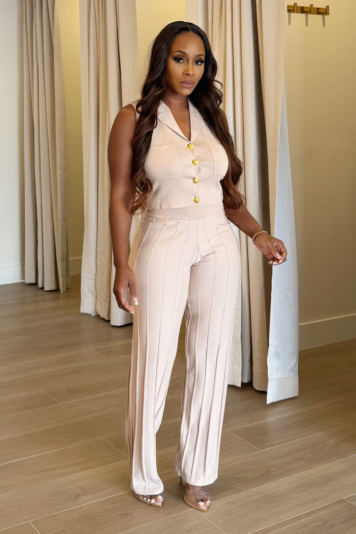 Effortlessly Elegance knit vest & pants Set (Nude)