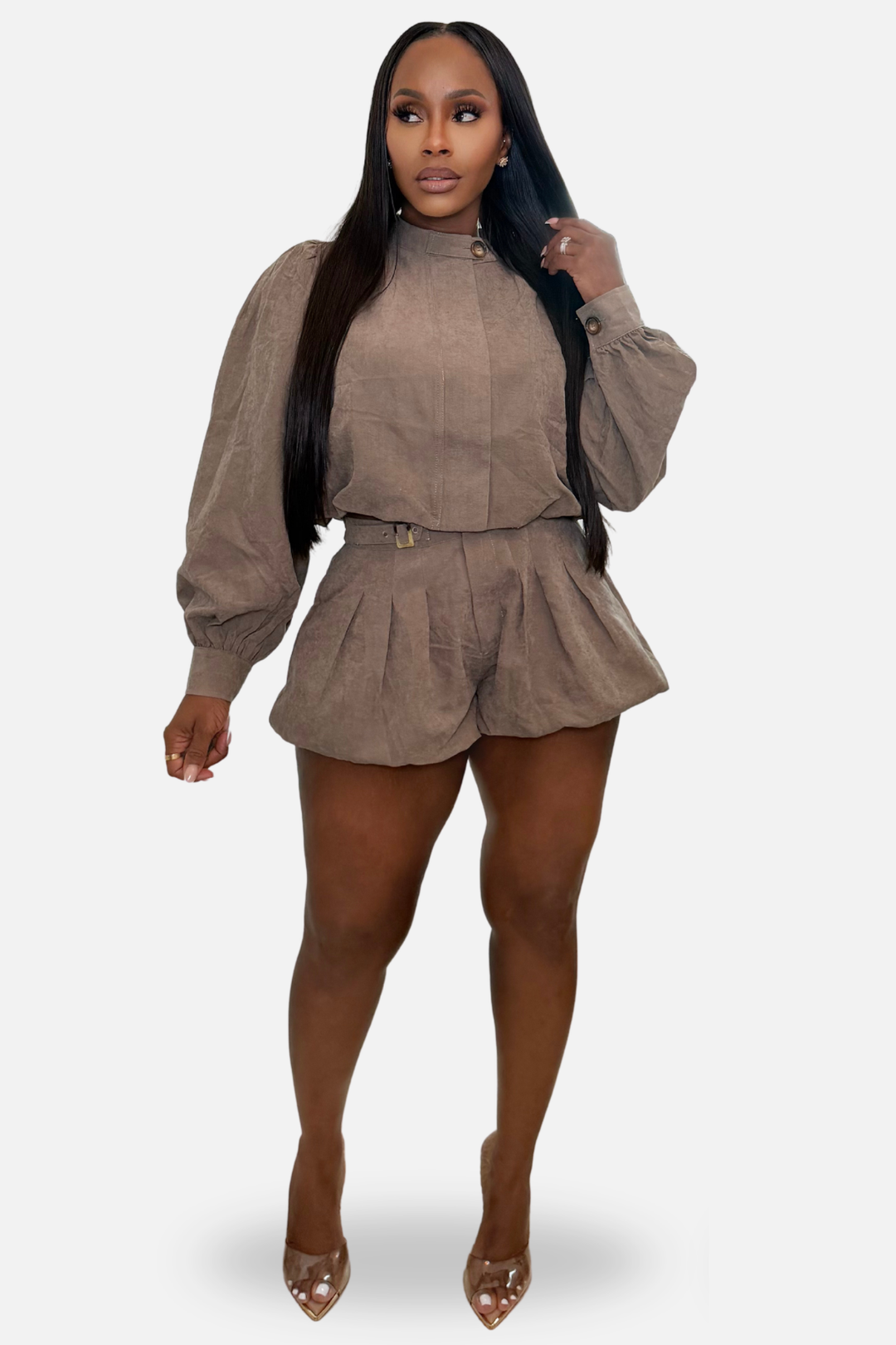 The Seville High Neck Short Set [Brown]