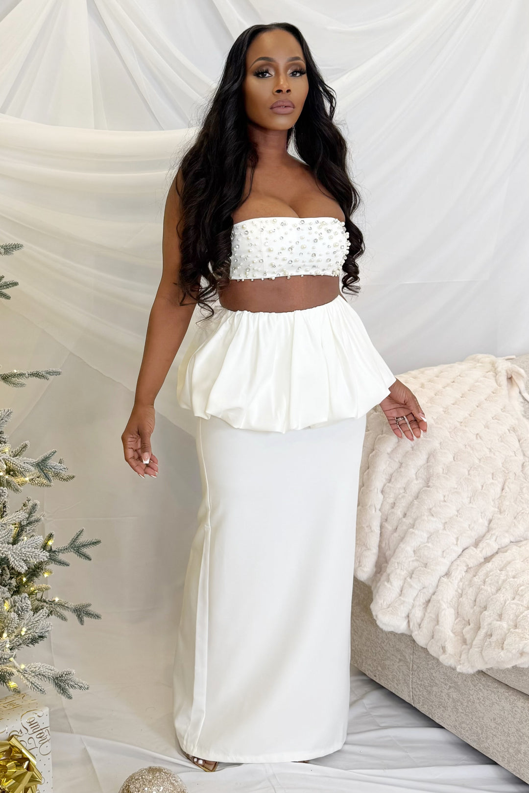 Winter Pearl Peplum Skirt Set (White)