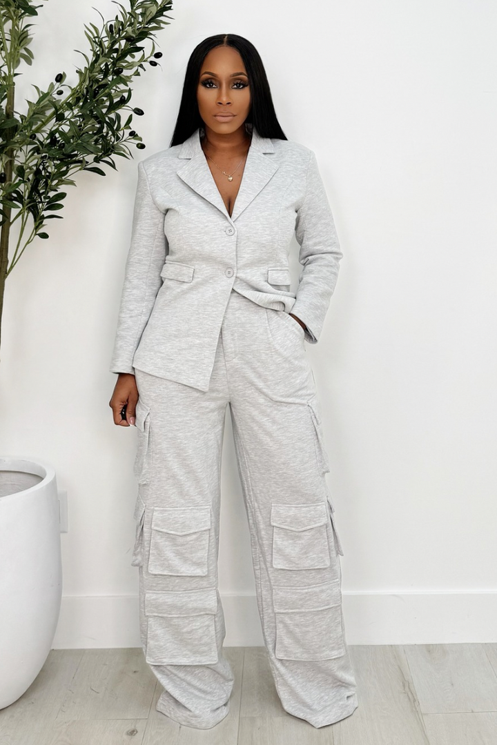 Cozy Meets Class Cargo & Blazer Set (Gray)