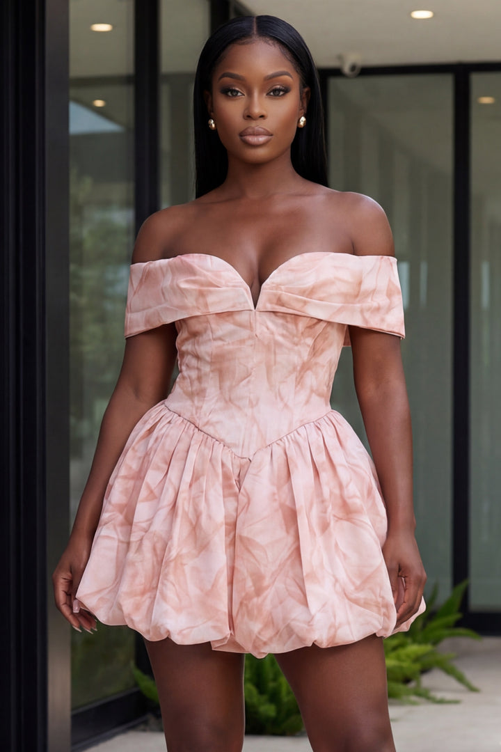 Blush Bloom Off-Shoulder Bubble Mini Dress [Blush]