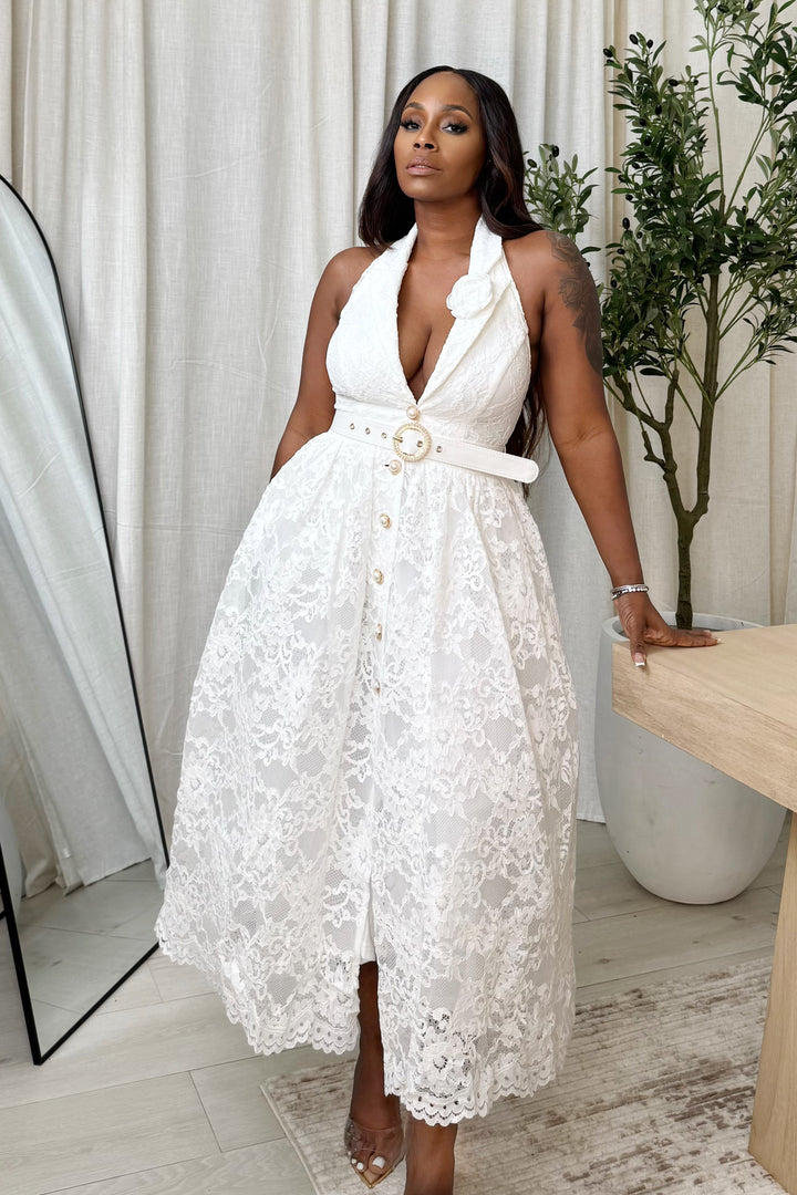Touch Of Roses Halter Midi Dress (White)