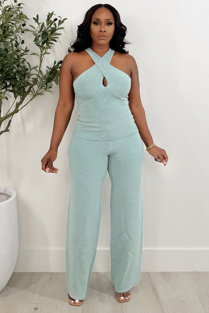 Rib Knit Cross front Pants Set (Mint)