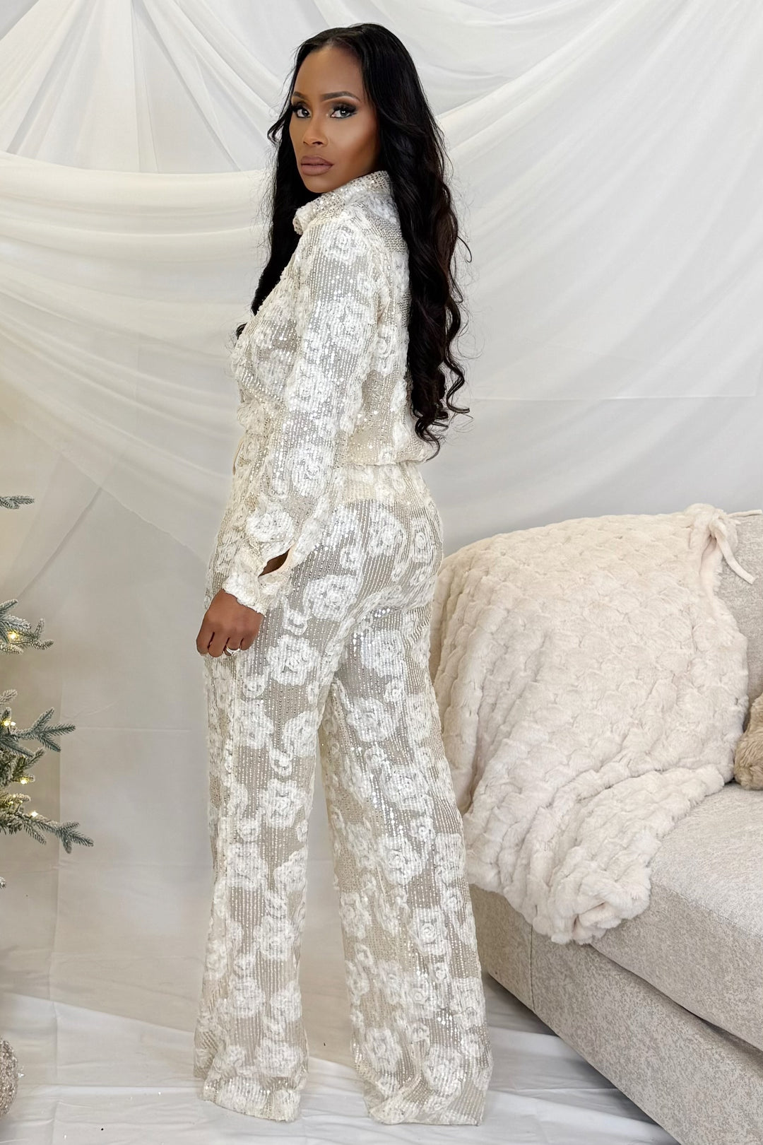 Snowlit Lace & Sequin Pant Set (Nude & white)