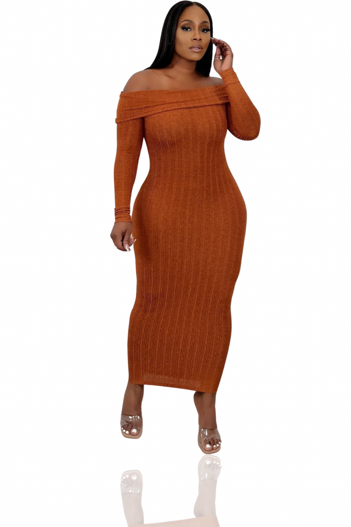 On My Own Terms Off The Shoulder Midi Dress (Rust)