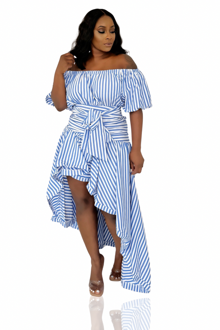 Here For It Off The Shoulder Asymmetrical Dress (Blue & White)