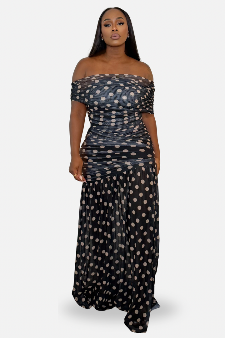 The Noir Dot Ruched Off Shoulder Dress [Black/Nude]