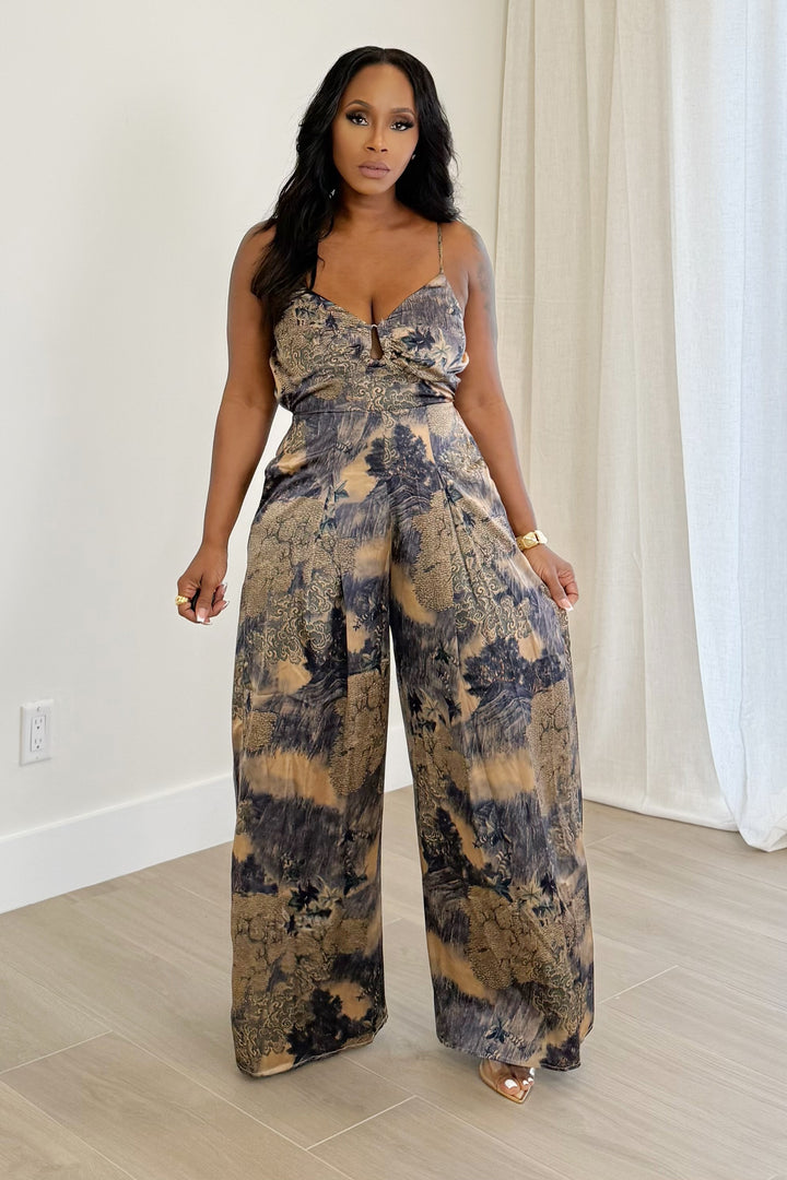 Whimsical Wide Leg Jumpsuit (Navy & Beige)