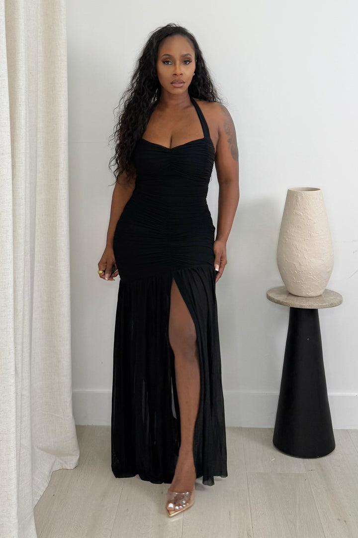 Eclipse Goddess Slit Mesh Dress (Black)