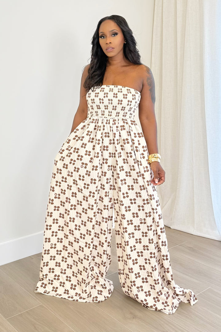 Smock Tube Wide Leg Jumpsuit (Cream & Brown)
