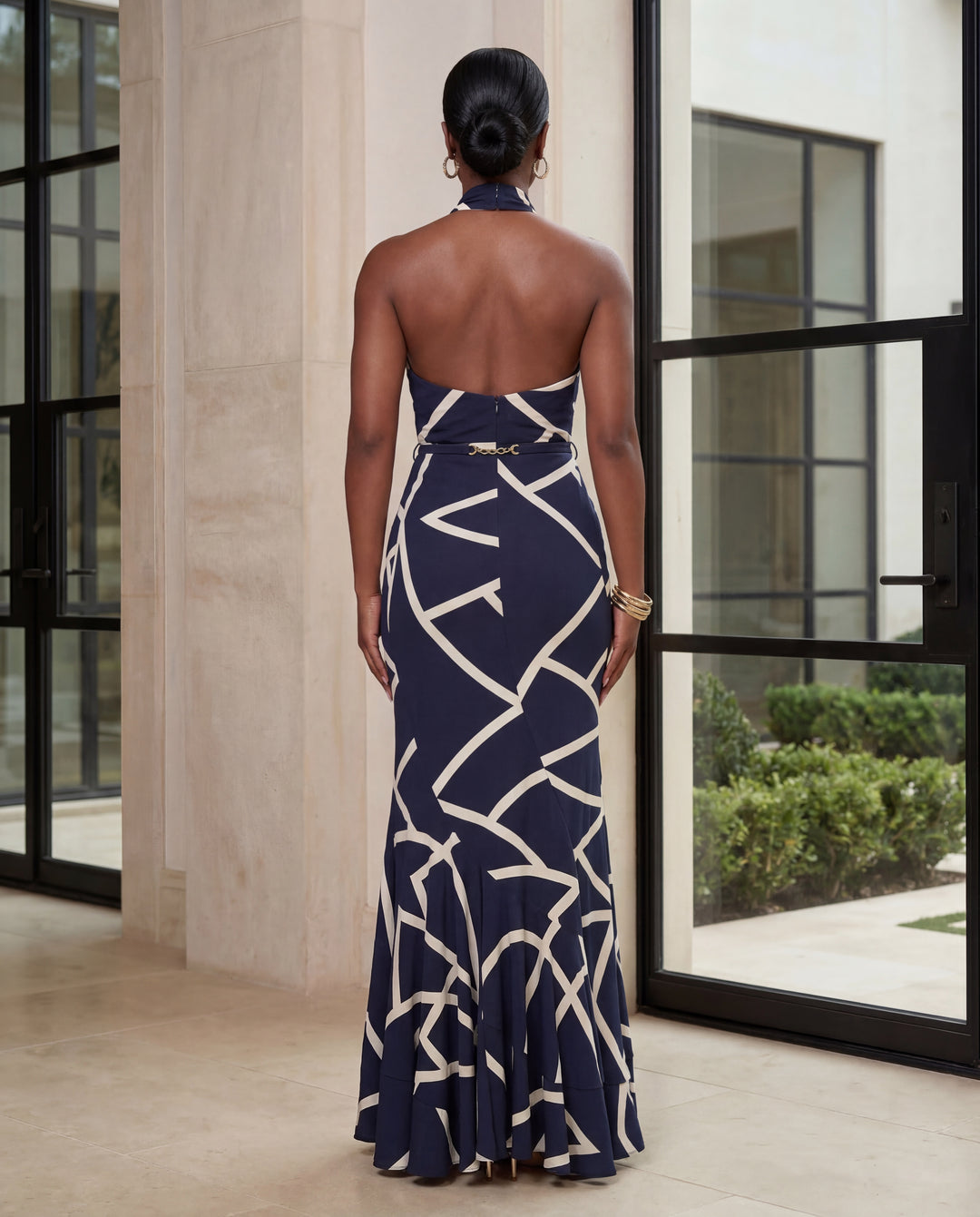 Coastal Elegance Halter Maxi Dress [Navy Print]