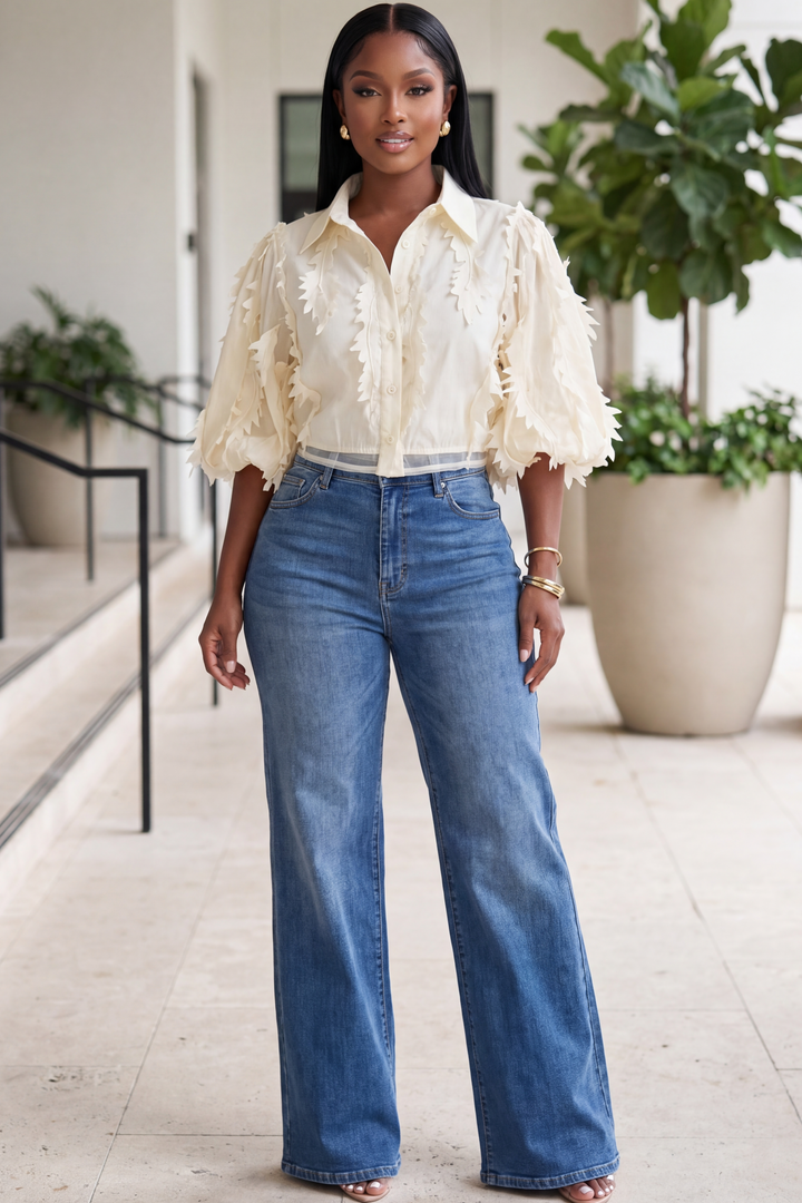 The Feather Trimmed Organza Blouse[Cream]