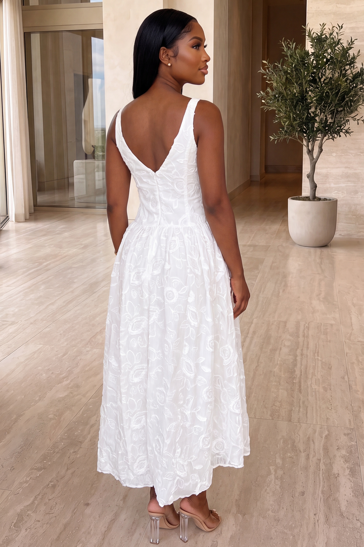 Embroidered Corset Midi Dress [White]