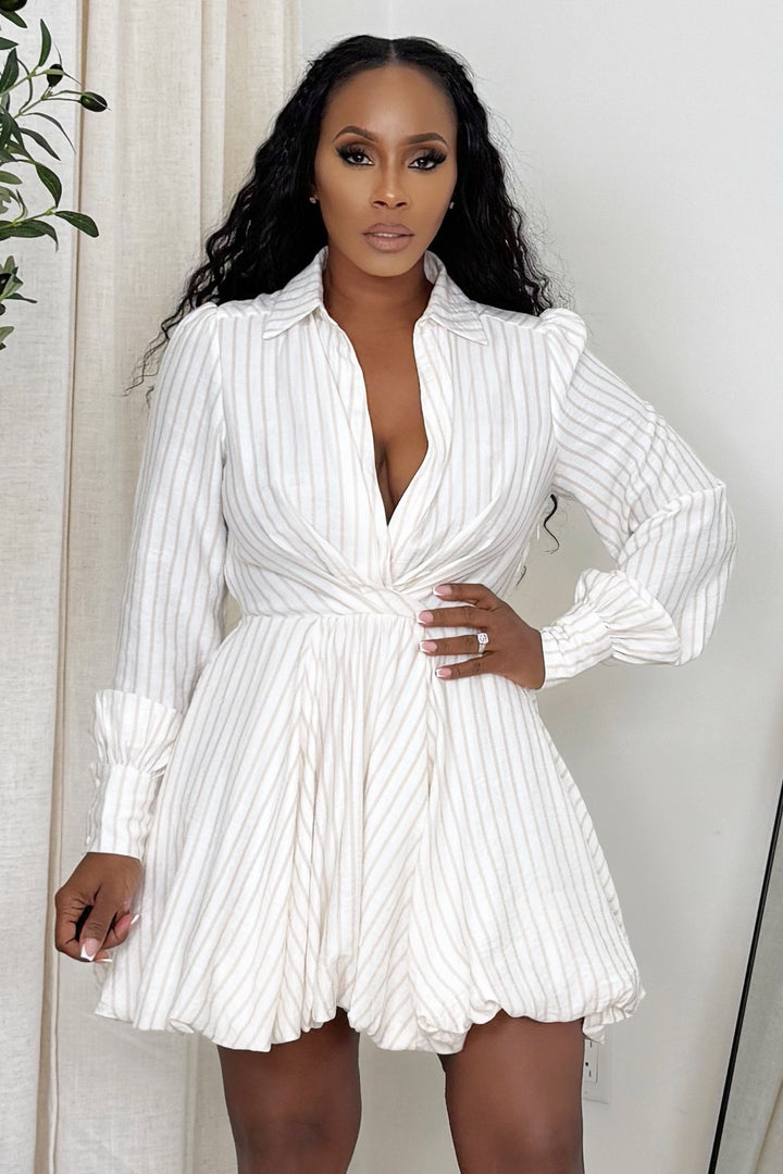 Pinstripe capri summer bubble dress (Nude & White)