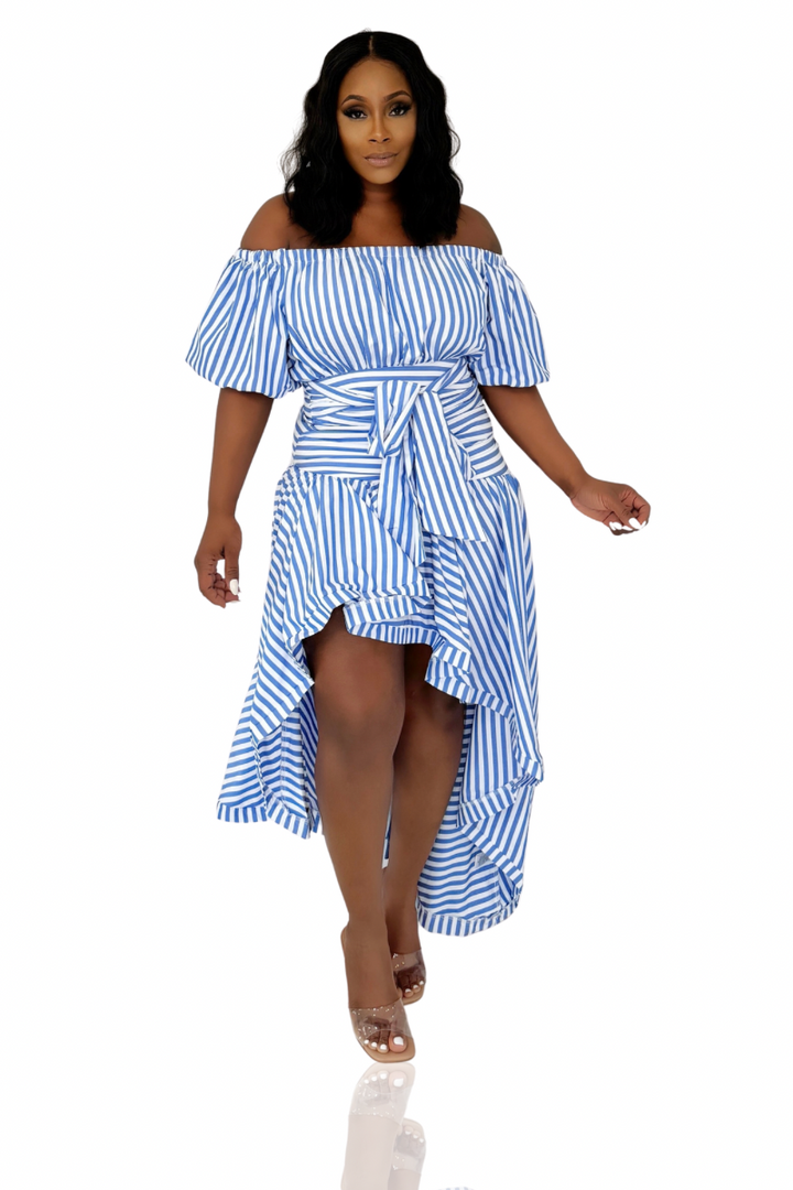 Here For It Off The Shoulder Asymmetrical Dress (Blue & White)