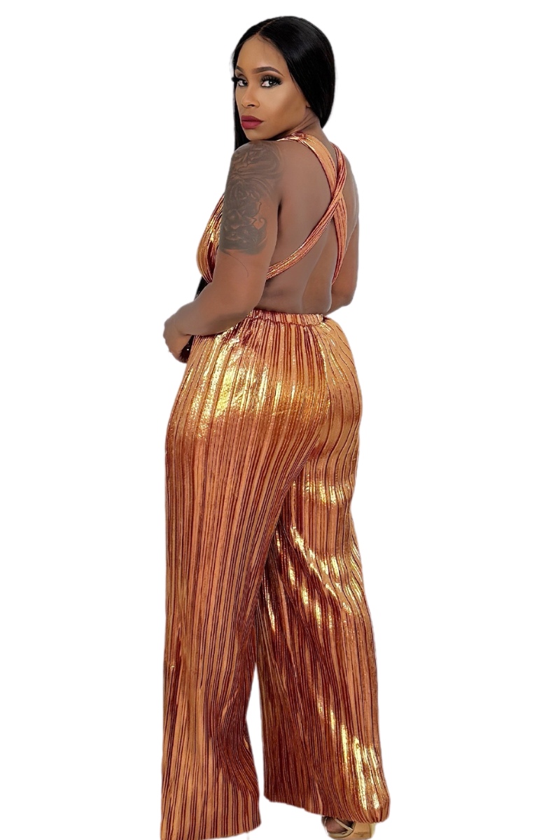 Pleated Metallic Halter Jumpsuit Bronze Copy Polkadotz Boutique