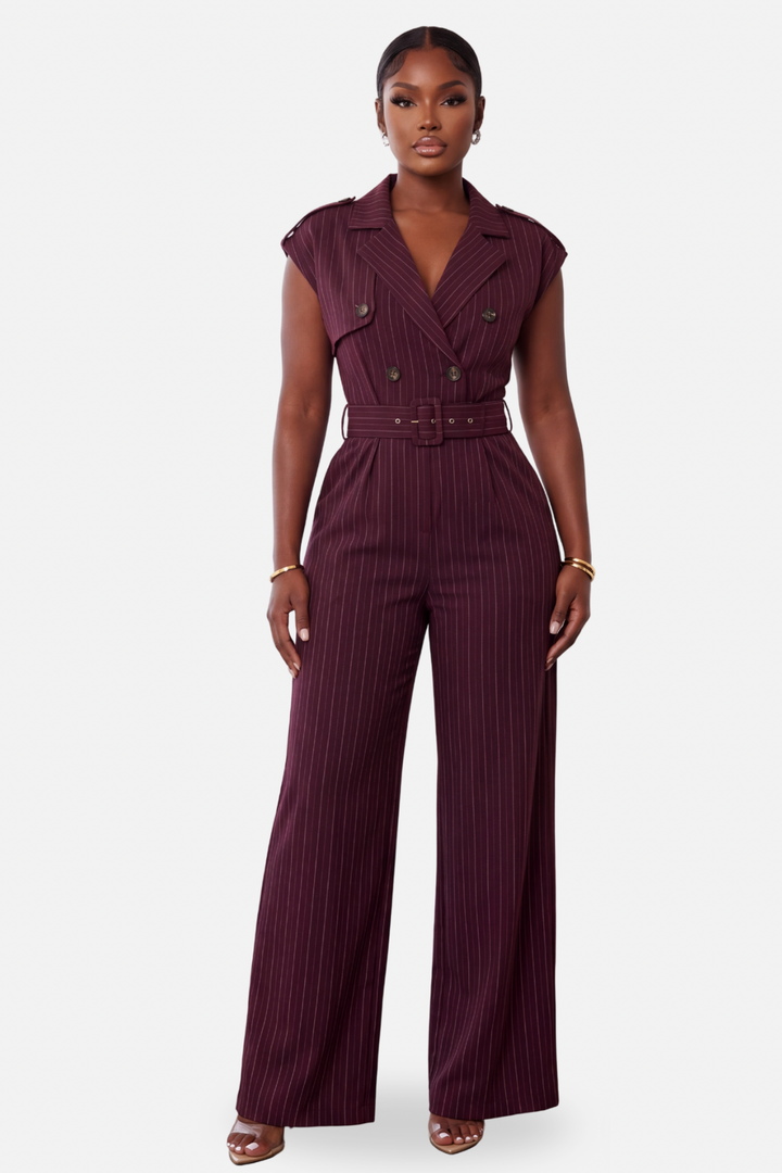 The Boardroom Pinstripe Jumpsuit [Wine]