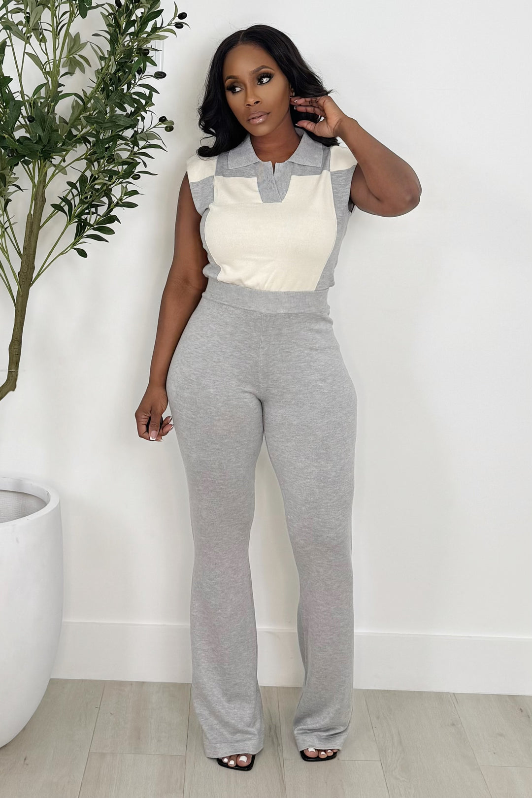 Chic Color Block Pant Set (Gray & Ivory)