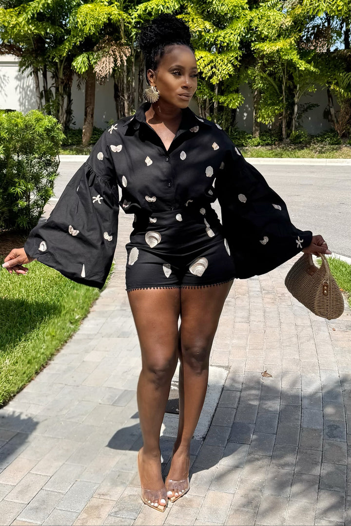 Meet At The pool side shell print short Set (Black)