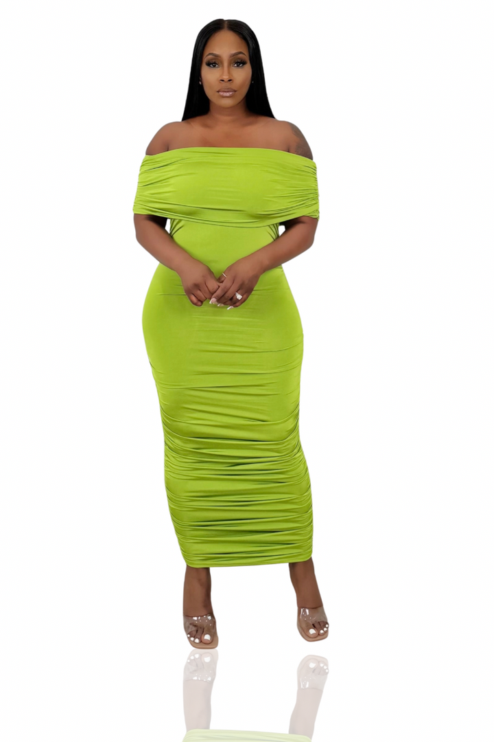 Neon Lights Ruched Midi Dress (Lime)