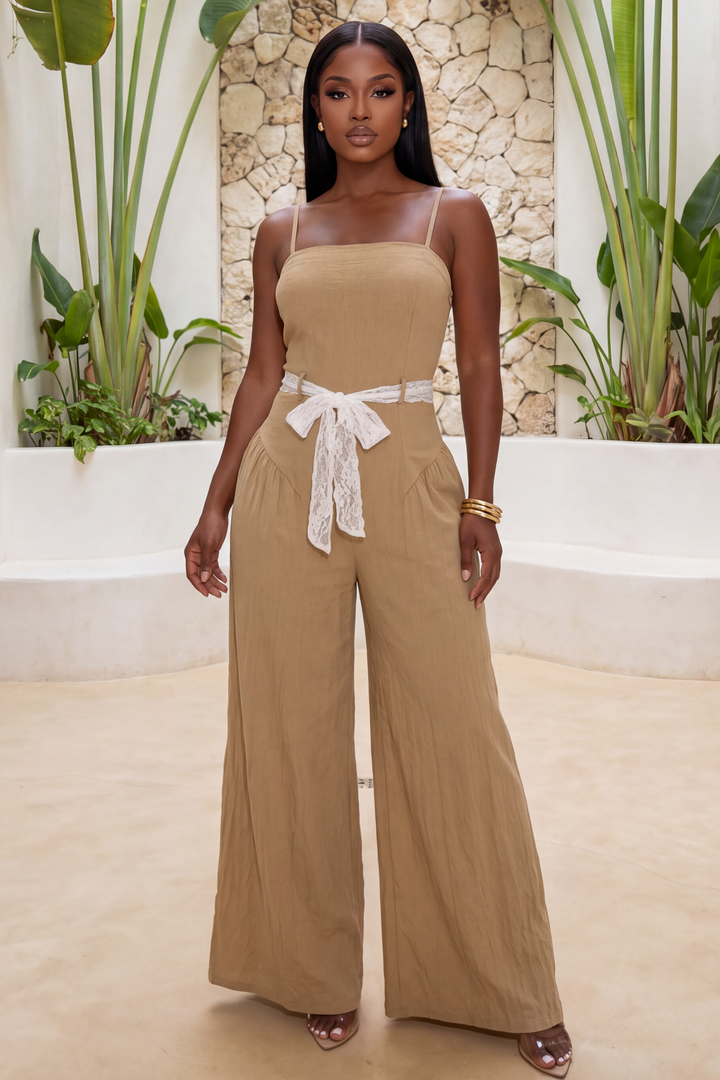 Toscana Lace Belted Wide Leg Jumpsuit [Nude]