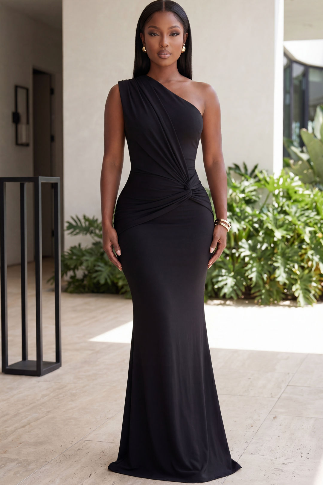 The Onyx Sculpted Draped Maxi Gown [Black]