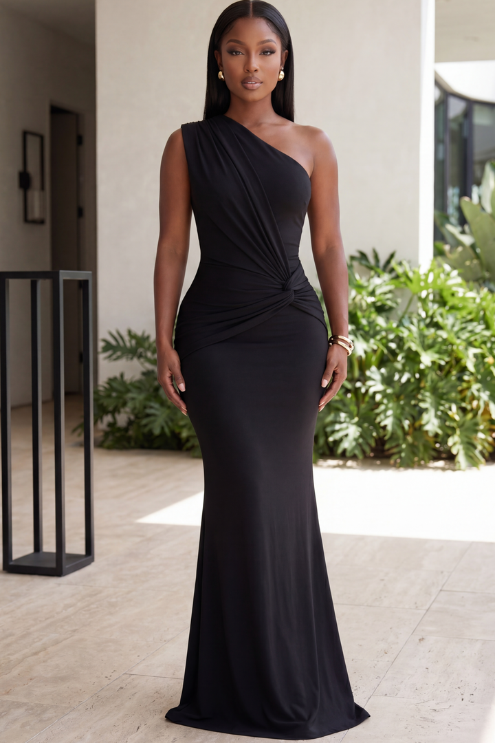 The Onyx Sculpted Draped Maxi Gown [Black]