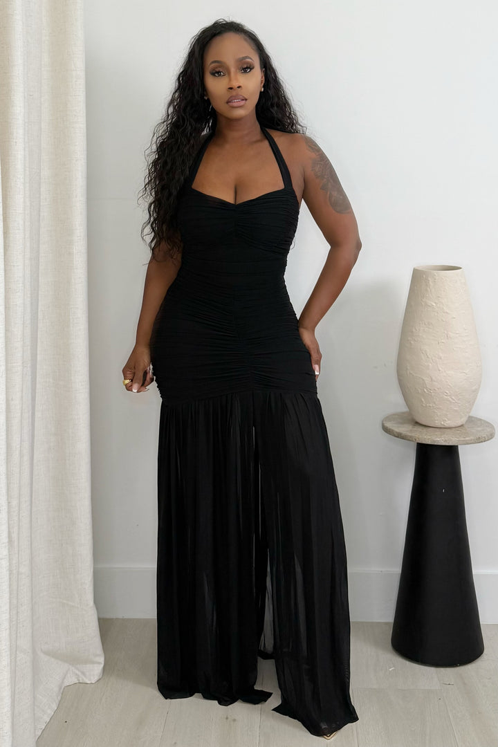 Eclipse Goddess Slit Mesh Dress (Black)