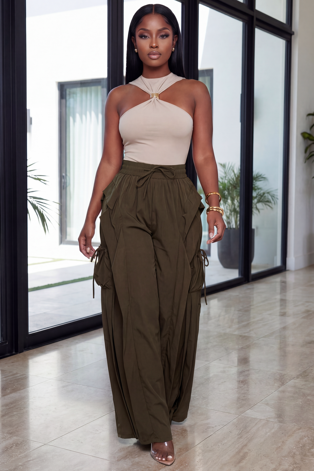 High-Waisted Utility Palazzo Cargoes [Olive]