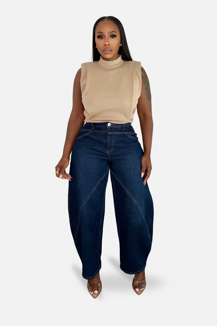 The Camelia Padded Shoulder Mock Neck Top [Tan]