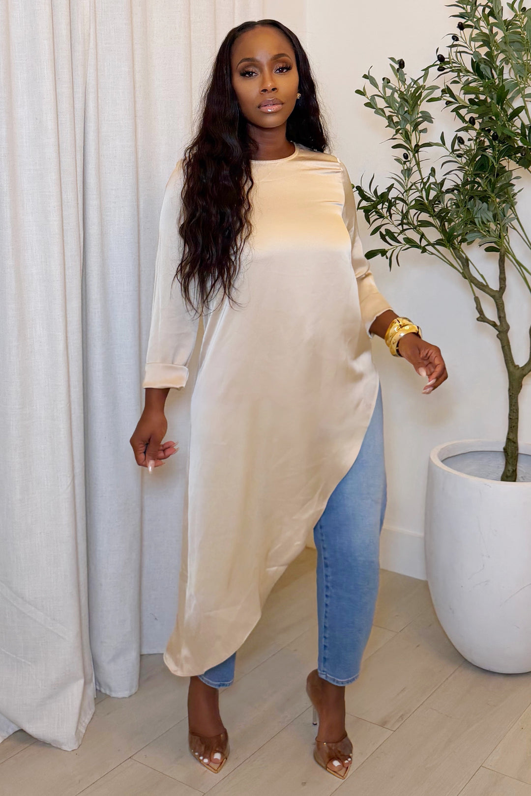 The Sienna Satin Asymmetrical Tunic [Champagne]