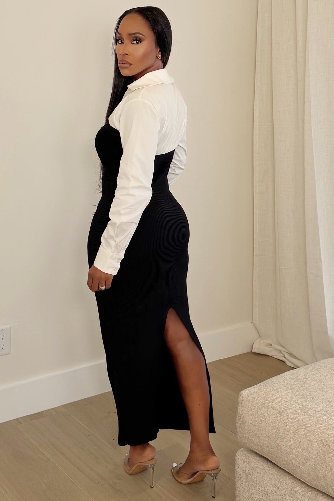 Modern Muse Shirt-Detail Midi Dress [Black/White]