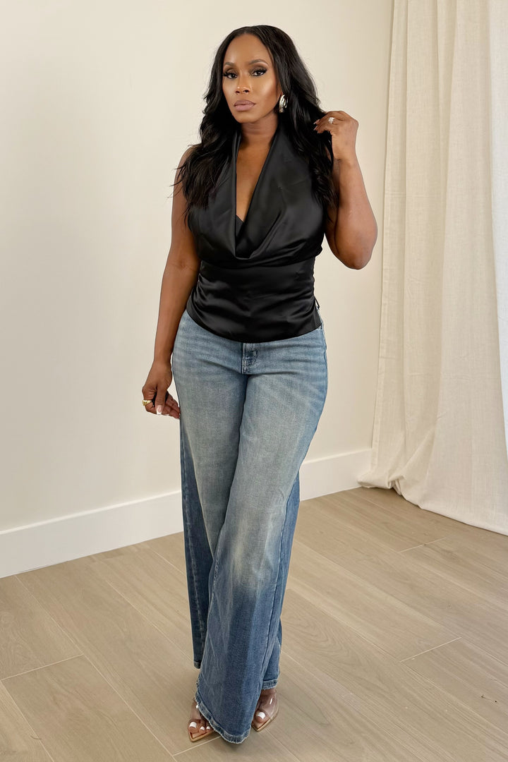 Drape satin Cowl Neck Top (Black)