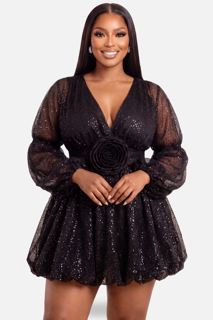 Midnight Rose Sparkle Mini Dress – Black
