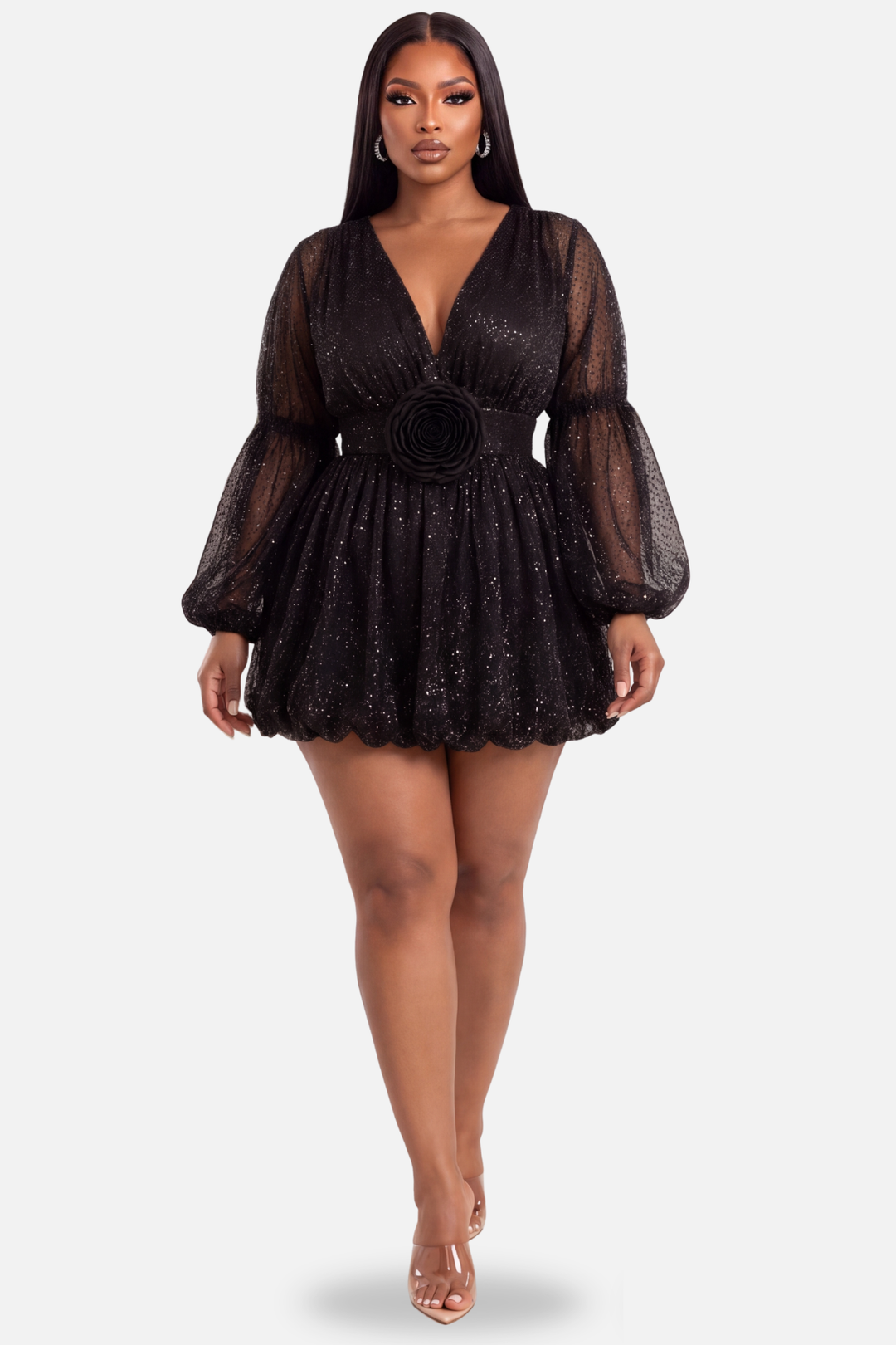 Midnight Rose Sparkle Mini Dress – Black