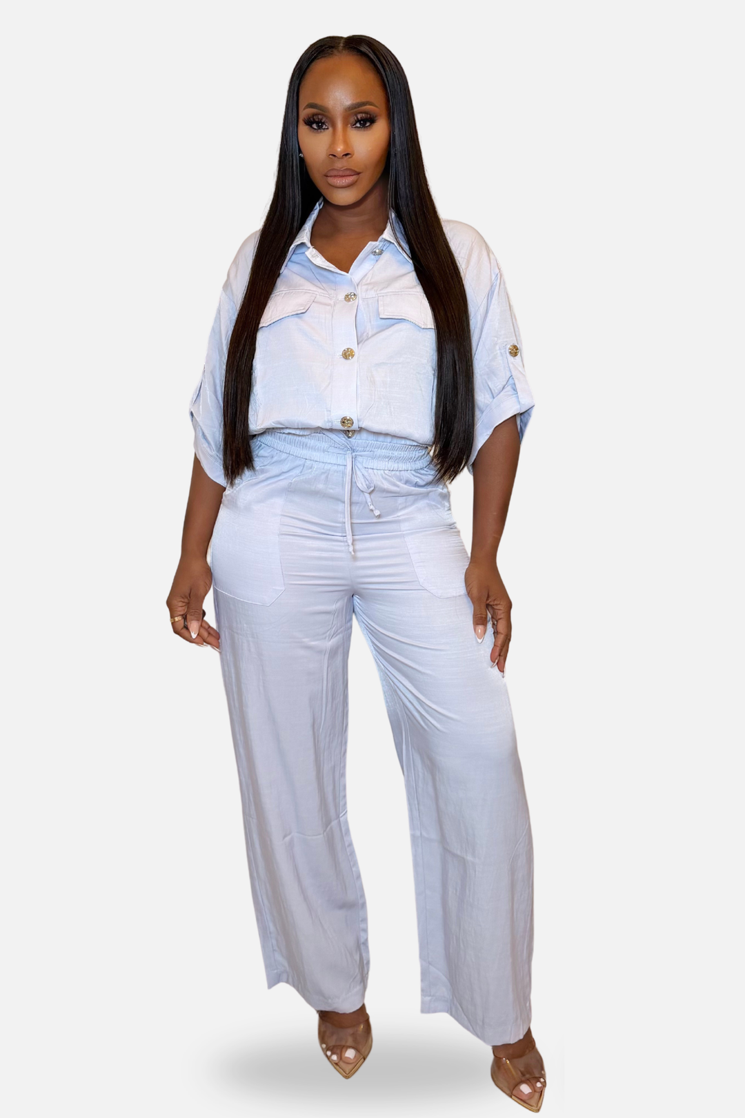 The Cleo Button Down Pant Set [Ice Blue]