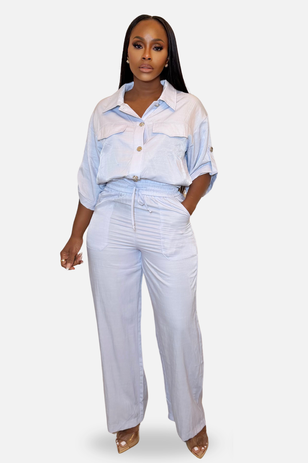 The Cleo Button Down Pant Set [Ice Blue]