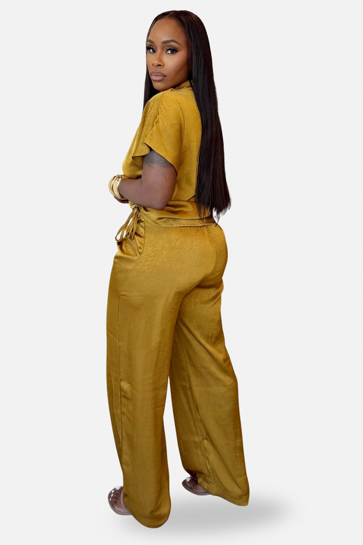The Aurelia Satin Ruched Pants Set [Olive Gold ]