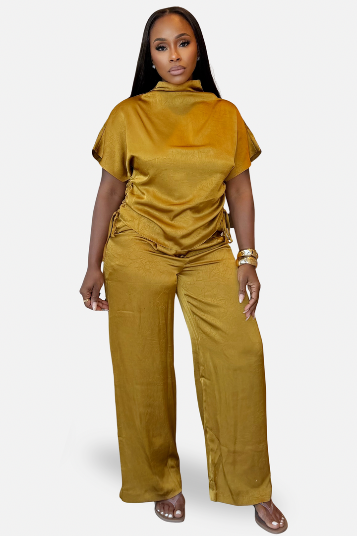 The Aurelia Satin Ruched Pants Set [Olive Gold ]