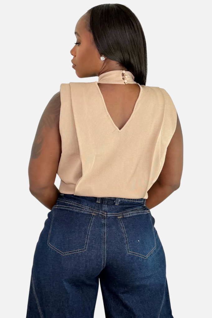The Camelia Padded Shoulder Mock Neck Top [Tan]