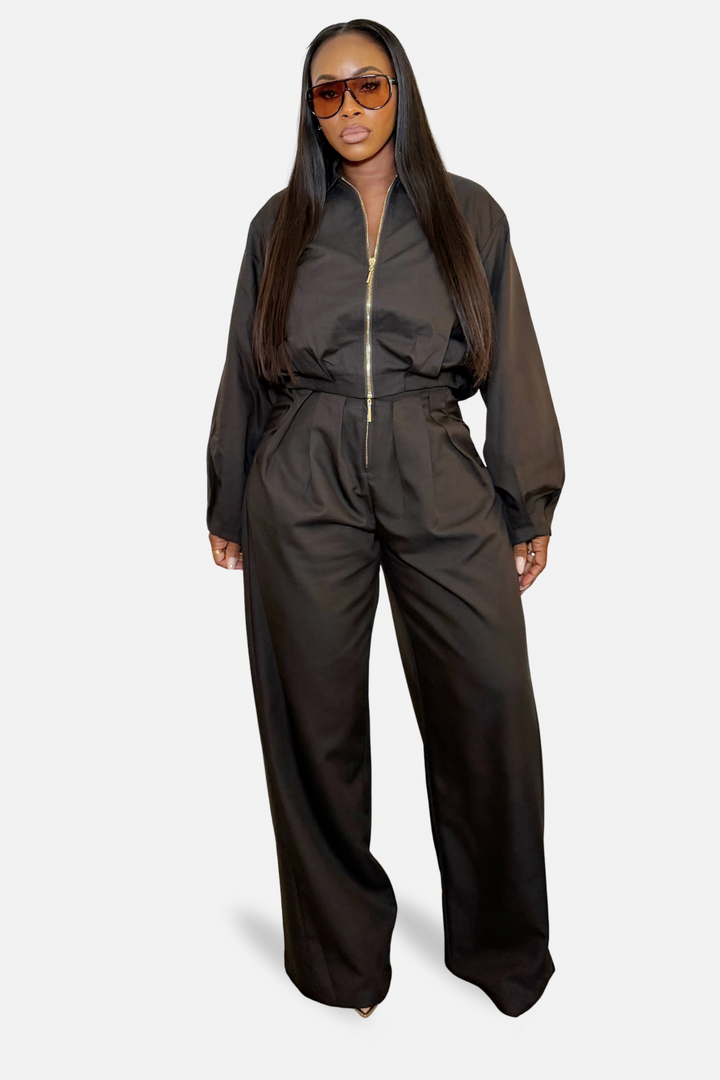 The Dark Cocoa Jacket &amp; Wide Leg Pants Set
[Chocolate]