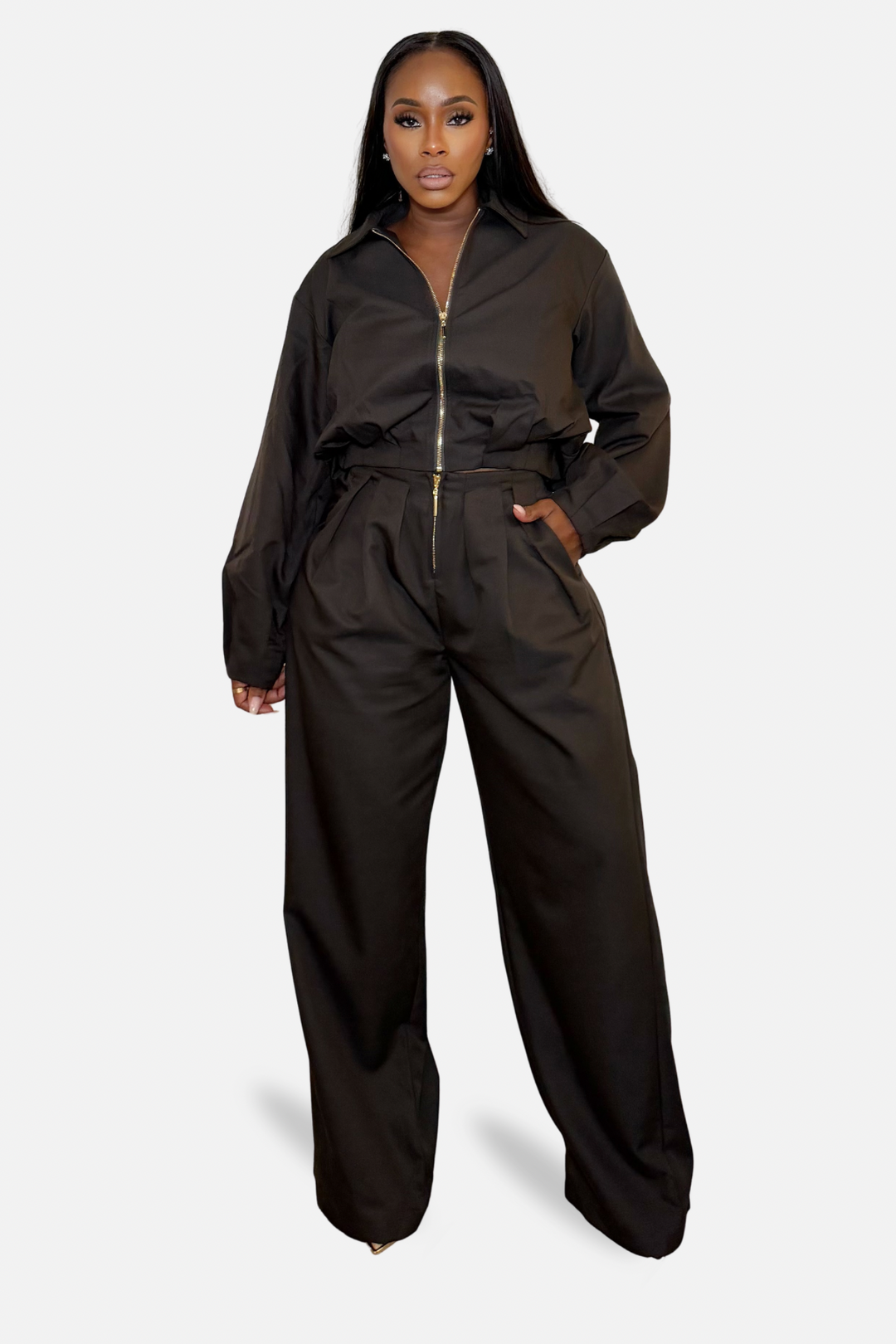 The Dark Cocoa Jacket &amp; Wide Leg Pants Set
[Chocolate]