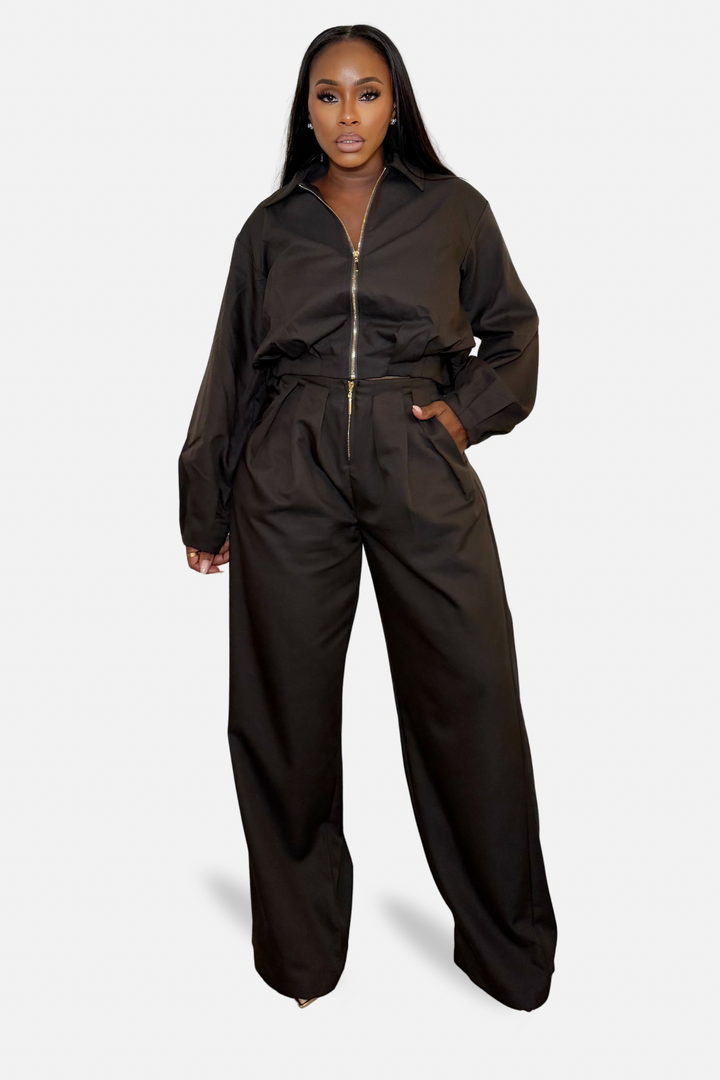 The Dark Cocoa Jacket &amp; Wide Leg Pants Set
[Chocolate]